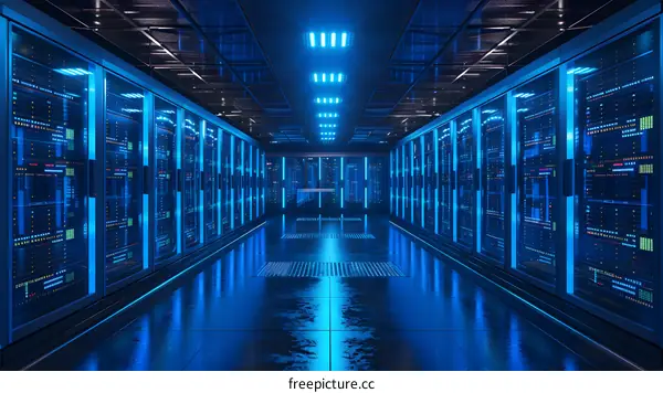 Blue server room with bright lights