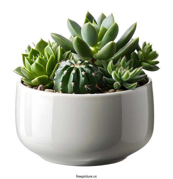 [Transparent Background PNG]Green Succulents and Cactus in White Pot