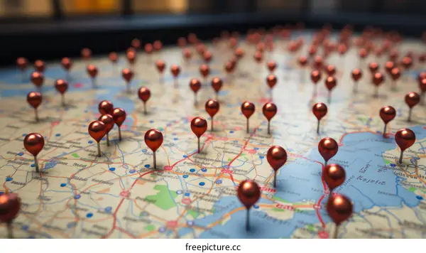 Map with 3D Red Push Pins