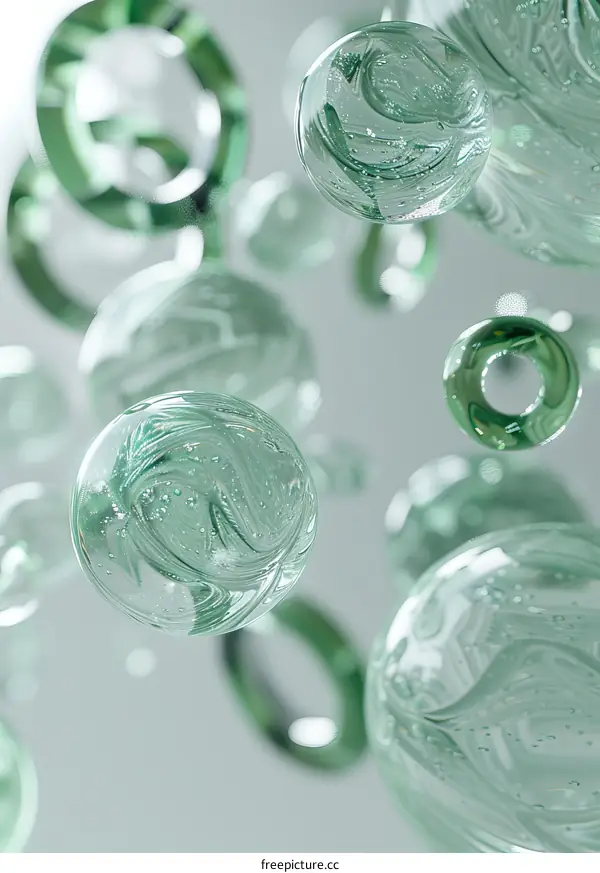 Floating Glass Spheres and Rings on Gradient Green Background