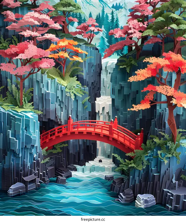 Red Bridge Over Waterfall in Paper Art
