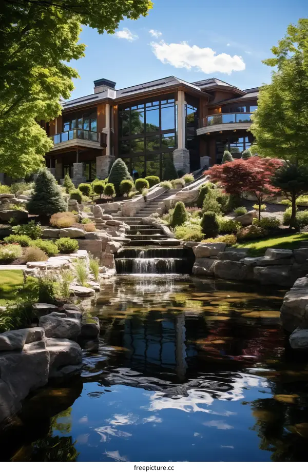 A luxurious house with a beautiful garden and a waterfall