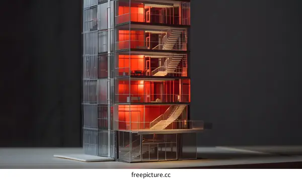 Modern Glass Building Architectural Model With Red Lights