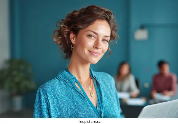 Confident Business Woman in Teal Shirt