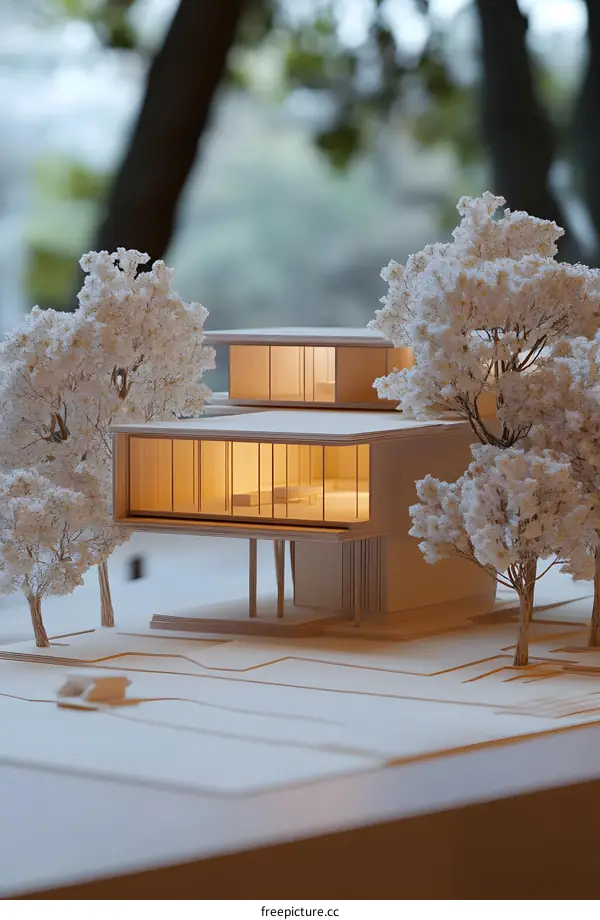 Modern Architecture Model with Trees and Lighting