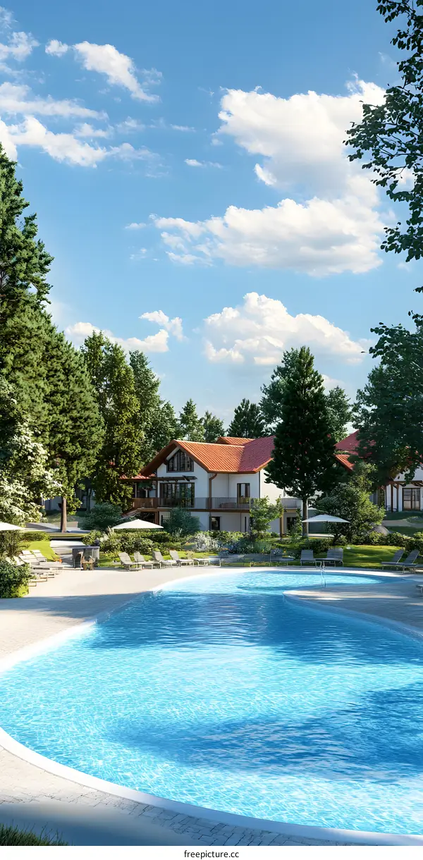 Modern Villa with Swimming Pool and Green Trees