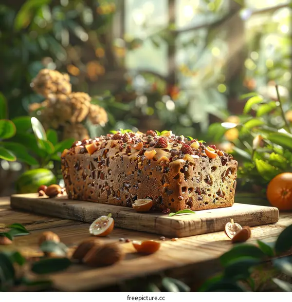 Close up of a delicious homemade fruitcake on a wooden table
