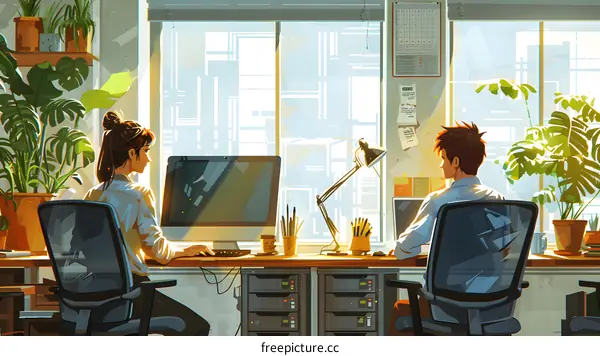Two people working in an office