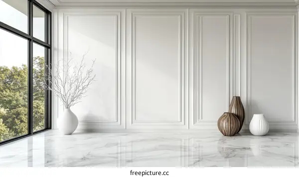 Modern Elegant Interior Design with Marble Flooring and Decorative Vases