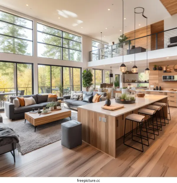 An illustration of a modern living room and kitchen with a large island and a high ceiling