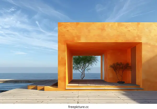Minimalist Orange Building With Ocean View
