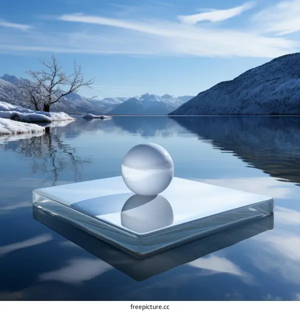 A glass ball sits on a glass square in the middle of a lake with snow-covered mountains in the distance