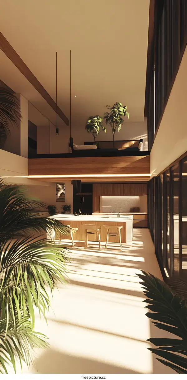 Modern Kitchen Interior Design with Palm Tree and Sunlight