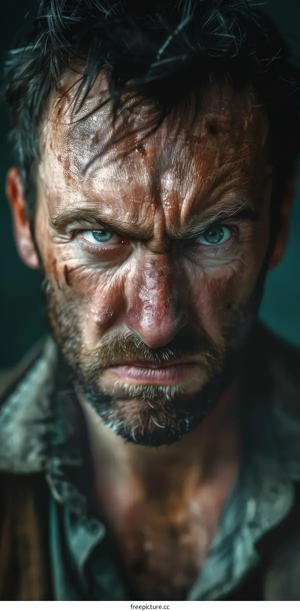 Close Up Portrait Of A Dirty Man With A Beard And An Angry Expression