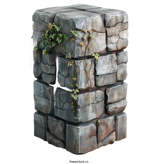 [Transparent Background PNG]gray rough stone pillar with green ivy growing on it