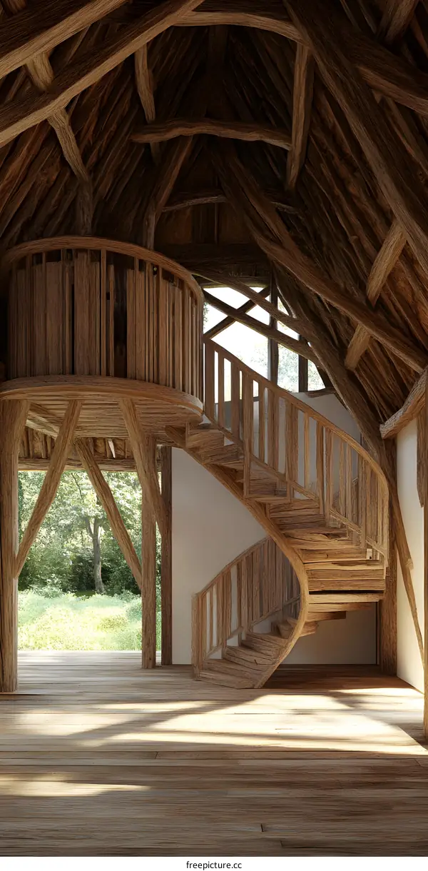 Wooden Spiral Staircase in a Rustic Barn Interior