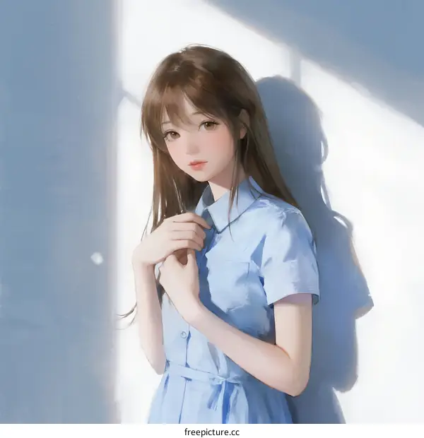 A Young Girl in Light Blue Uniform Standing Against White Wall