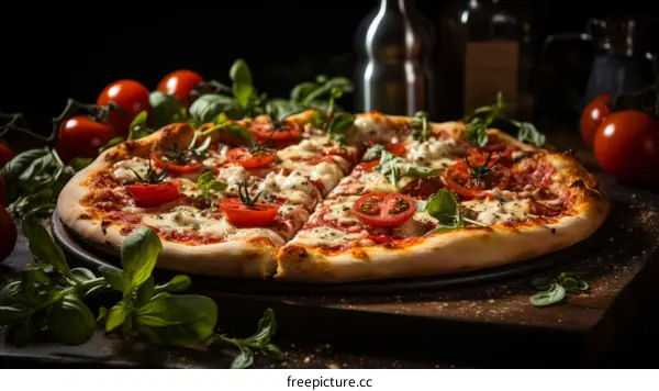 A delicious pizza with fresh tomatoes and basil