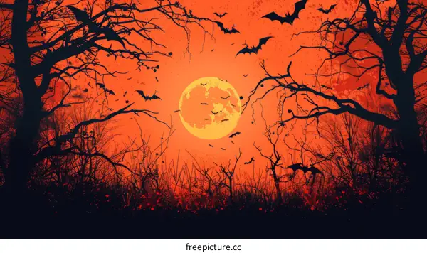 Bats flying in a spooky leafless forest with a full moon
