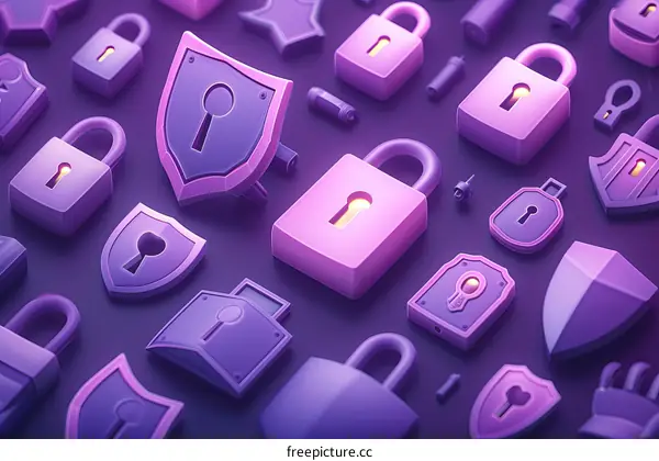 A variety of padlocks and shields in shades of purple on a purple background