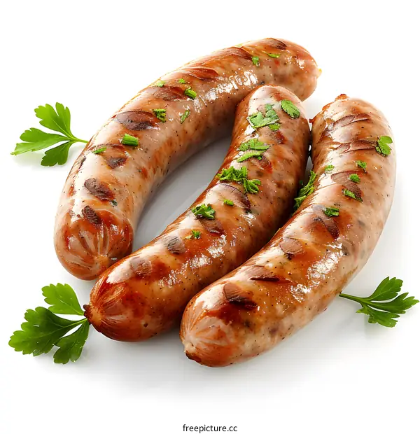three grilled sausages on a white background