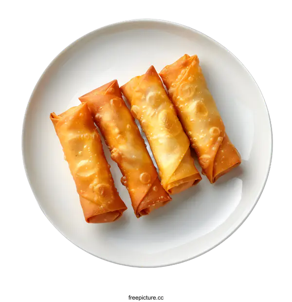 [Transparent Background PNG]Four Crispy Spring Rolls on a White Plate