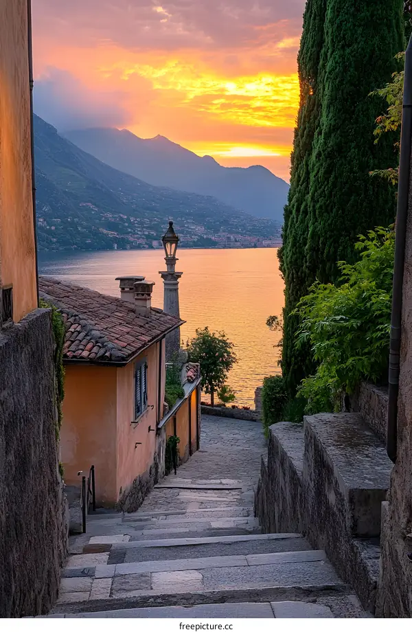 Stone Steps Leading to Scenic Sunset View Over Lake and Mountain