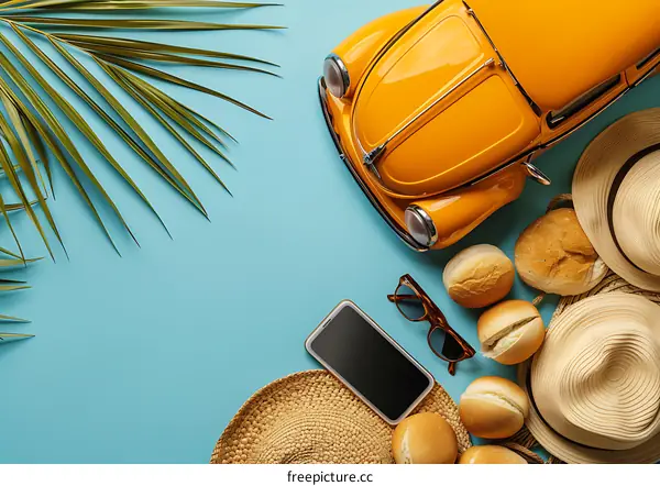 Summer Vacation Flatlay With Palm Leaves, Yellow Car, Hats, And Bread