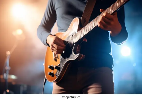 Close-up of an unrecognizable male guitarist playing the guitar on the stage during the concert
