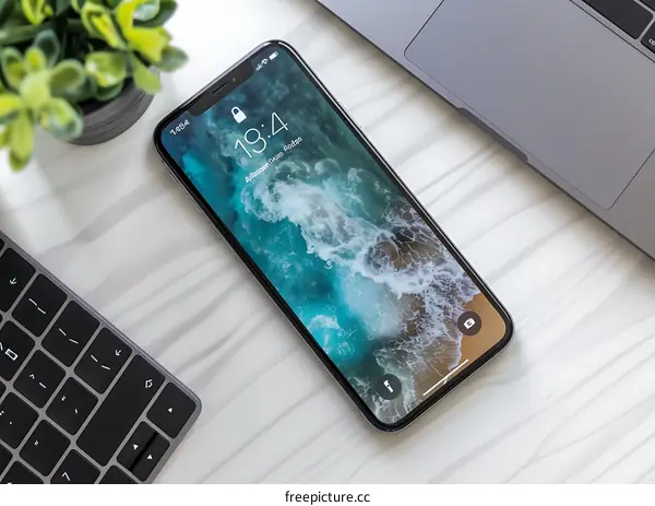 Smartphone on White Table with Keyboard and Laptop