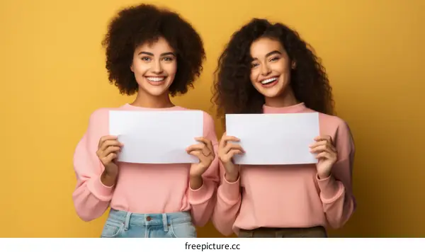 Two cheerful young African American women holding blank white papers