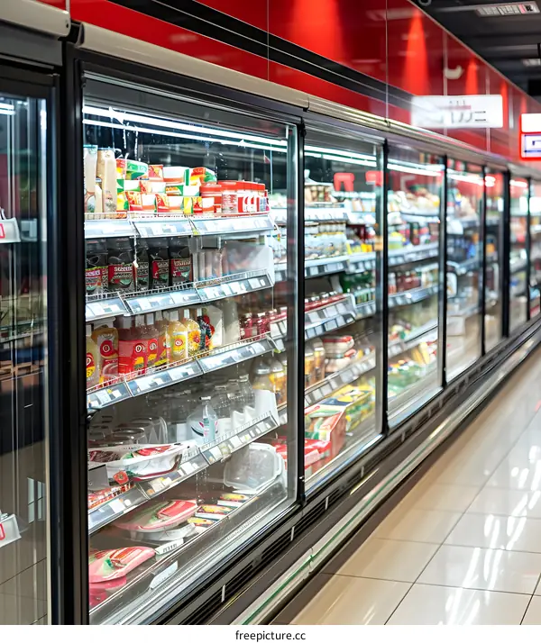Refrigerated Shelves Full of Food at a Grocery Store
