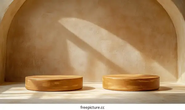 Beige Wall Display Stand with Wooden Podium