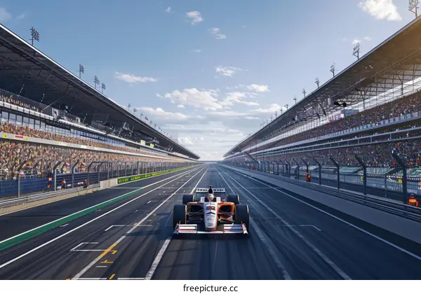Formula One race car on a track with grandstands full of spectators
