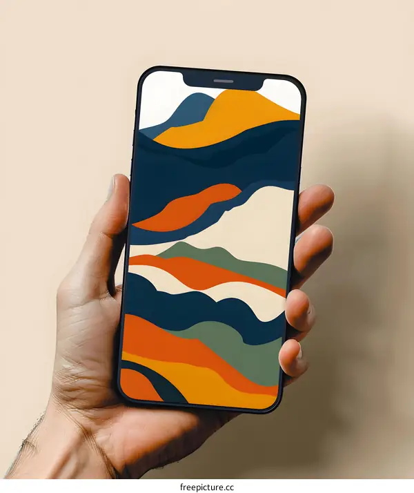 Hand Holding Phone with Abstract Landscape Wallpaper