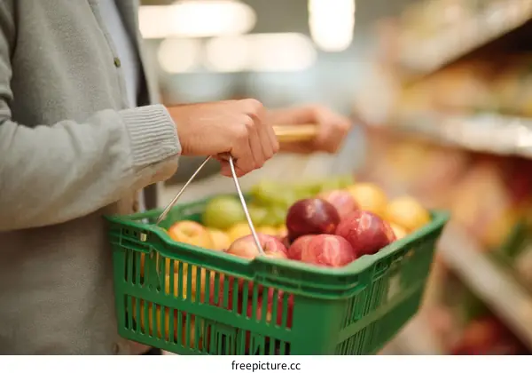 Person Shopping with a Basket of Fruits in a Supermarket