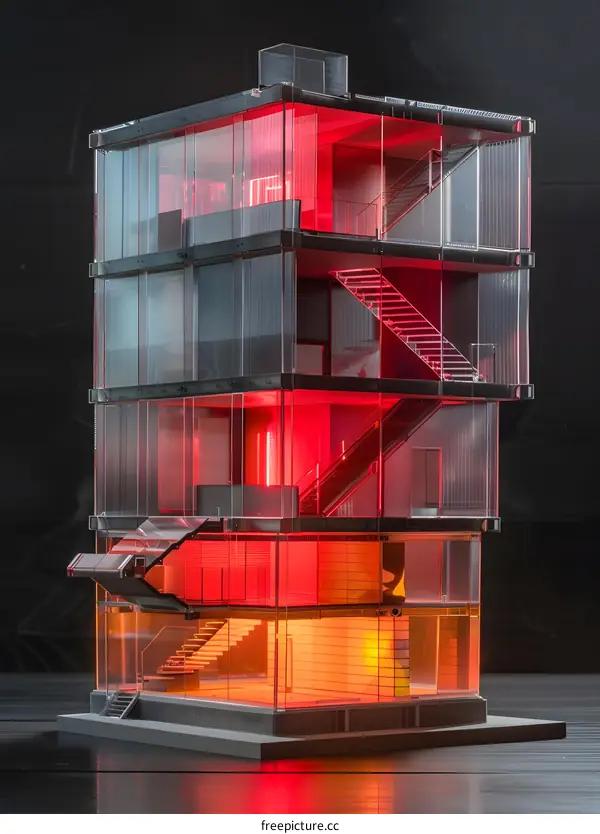 Modern Glass Building Model Illuminated Red and Orange