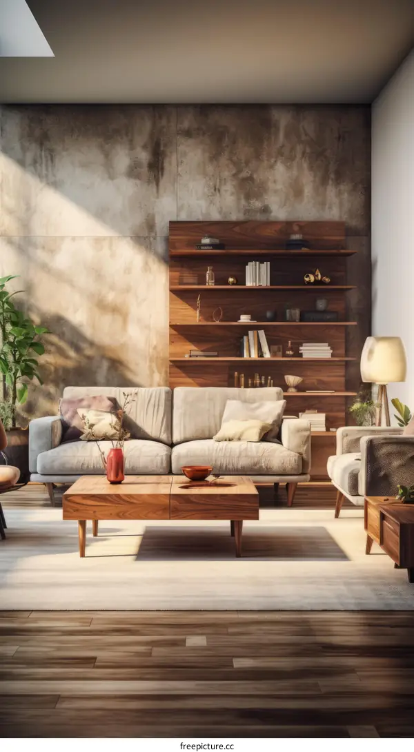 Modern Minimalist Living Room with Sofa and Bookshelf