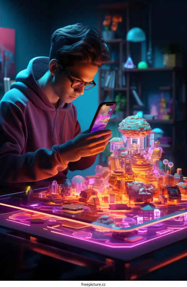 Young male looking at a futuristic city model