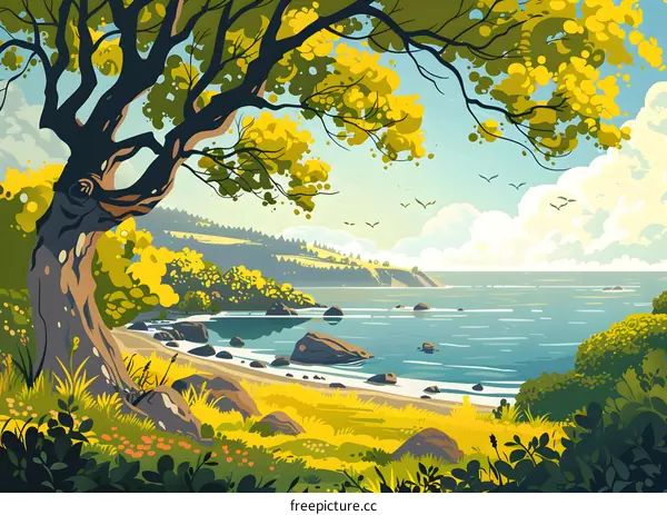 Seascape with Tree and Cloudy Sky