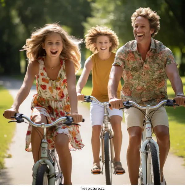 Family of three riding bicycles together on a sunny day