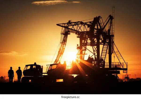 Oil field workers standing in front of an oil rig at sunset