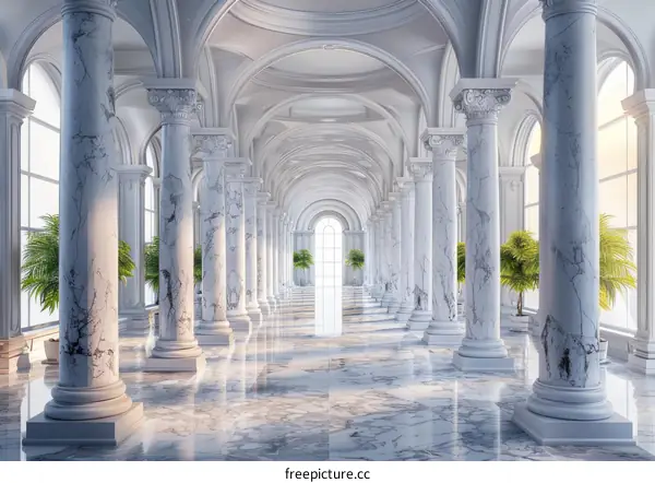 A long marble hallway with columns and potted plants