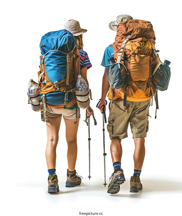 Hikers with Backpacks Walking on White Background