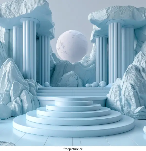 Blue podium and columns with surreal icy landscape