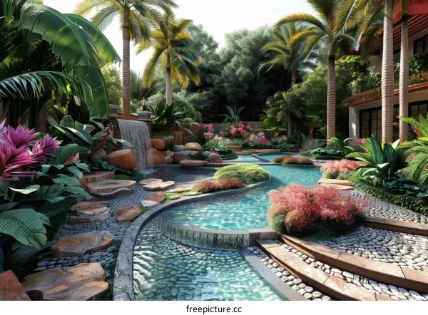 Luxurious Garden Oasis with Pool and Waterfall Escape