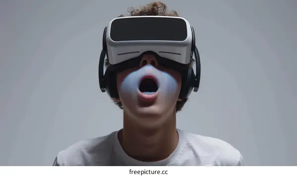 Young caucasian male with mouth wide open wearing virtual reality headset