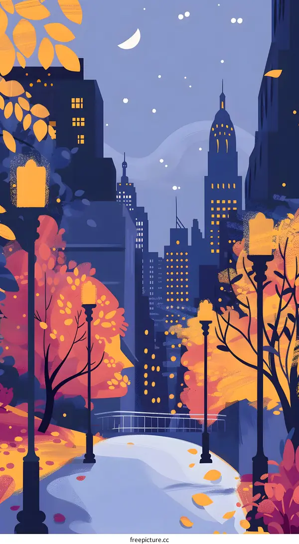 Autumn Night in the City with a View of Skyscrapers