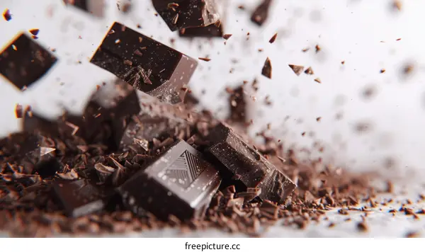A pile of dark chocolate chunks with some chunks suspended in mid air