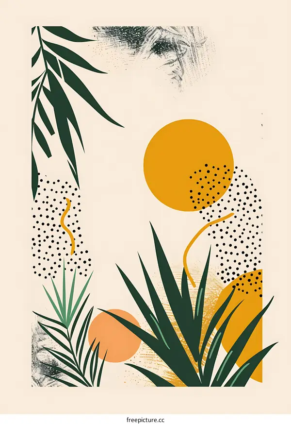 Abstract Tropical Leaves and Circles Minimalist Art Print